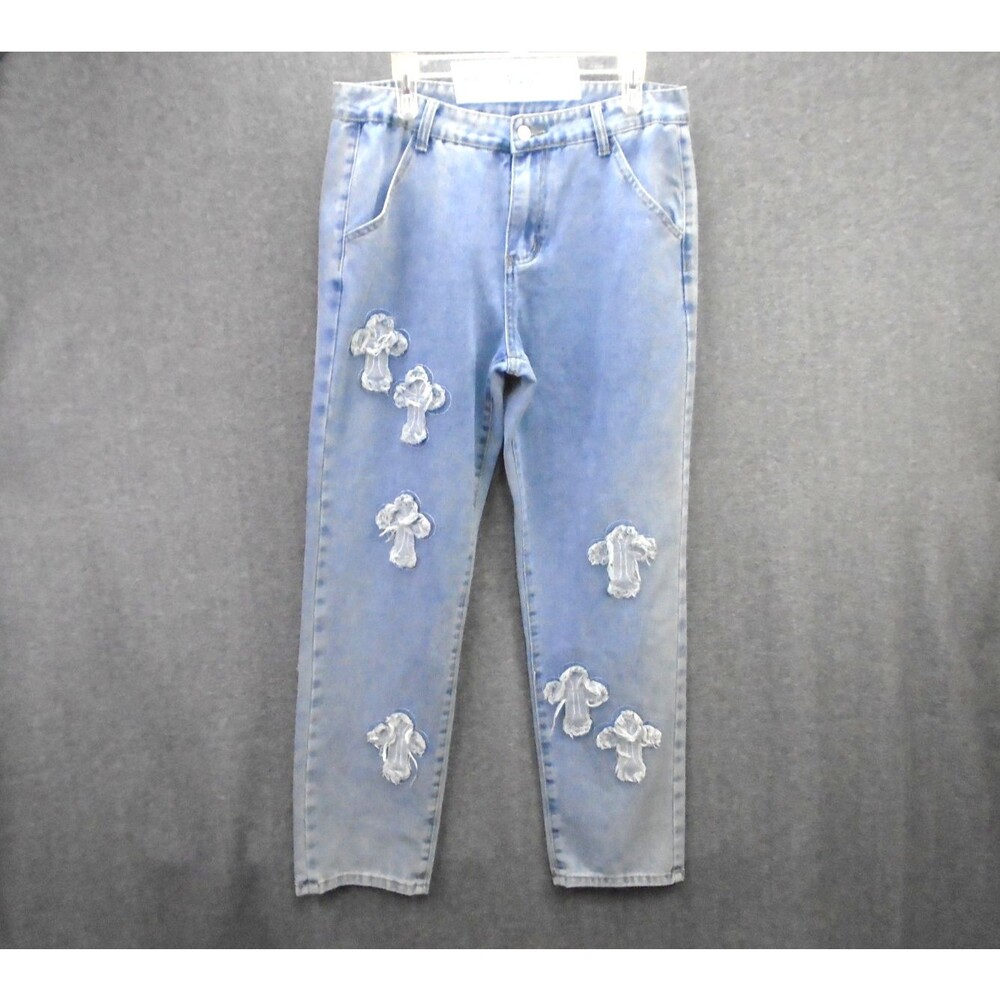 Mens Manfinity Grunge Goth Y2K Jeans Cross Patches Light Wash Straight Leg 32x30
